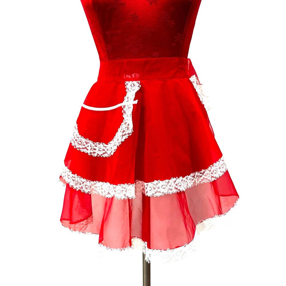 Vintage half apron sheer red ruffled tiers with white lace trim & front pocket